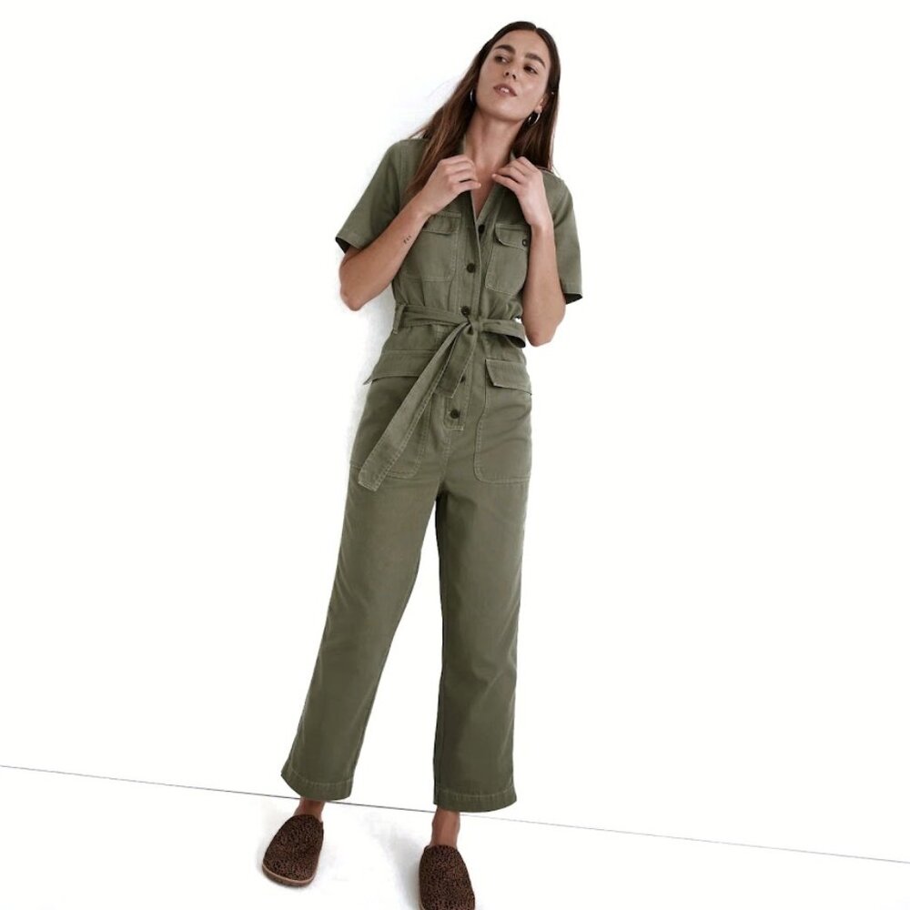 Madewell Tie-Waist Military Jumpsuit Utilitarian Patch Pockets Dried Clover L